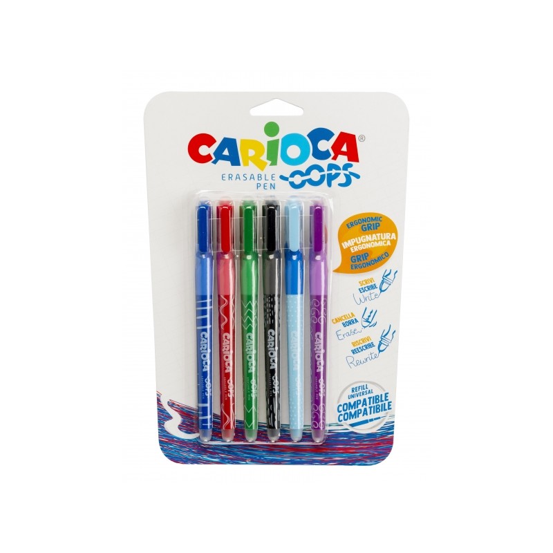 Carioca Oops 6 confezioni di penne a sfera cancellabili - Inchiostro termosensibile - Impugnatura ergonomica triangolare