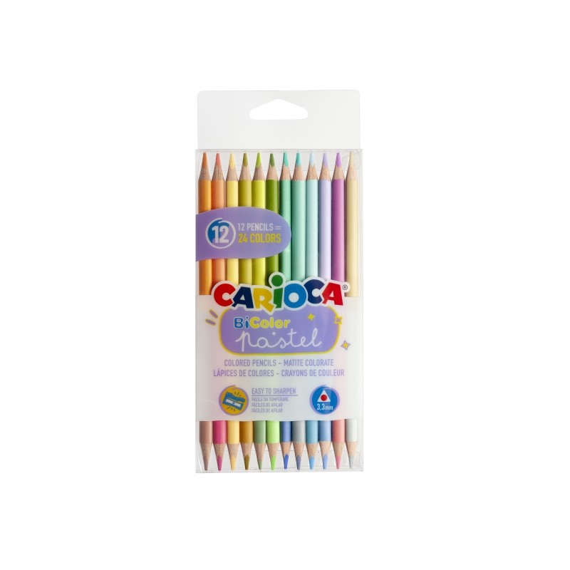 Carioca Bi-Color Confezione da 12 matite - 24 colori pastello - Fusto triangolare - Colori brillanti e lavabili - Scritt