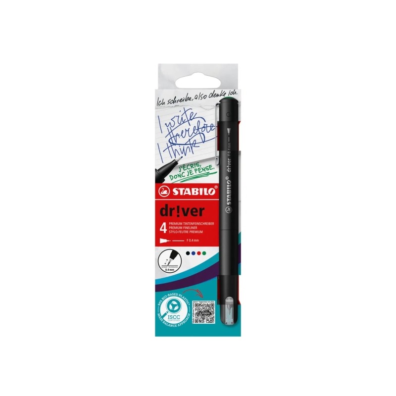 Stabilo Dr!ver Confezione da 4 pennarelli a punta fine da 0.4 mm - Inchiostro a base d'acqua a prova di sbavature. inodo