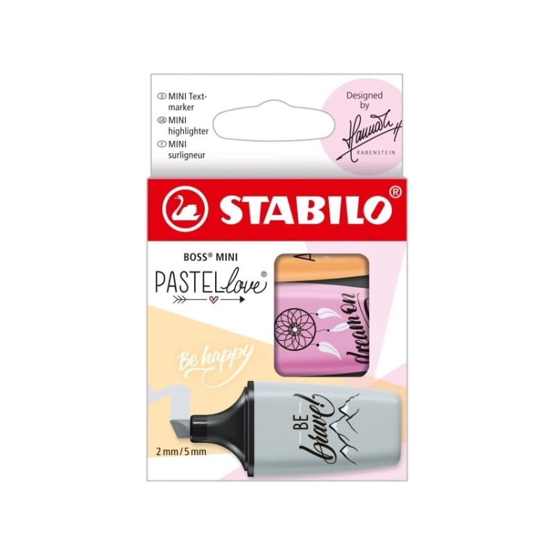 Stabilo Boss Mini Pastellove Confezione da 3 evidenziatori - Linea da 2 a 5 mm - Inchiostro a base d'acqua - Anti-secco 