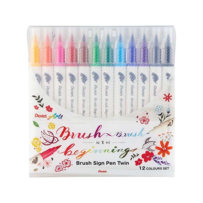 Penna Pentel Brush Sing Confezione doppia da 12 penne con doppia punta flessibile - Punta larga 1-4 mm. punta fine 0.2-2