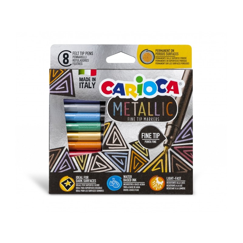 Carioca Metallic Fine Confezione da 8 pennarelli metallizzati - Punta fine - Ideale per superfici scure - Colori permane