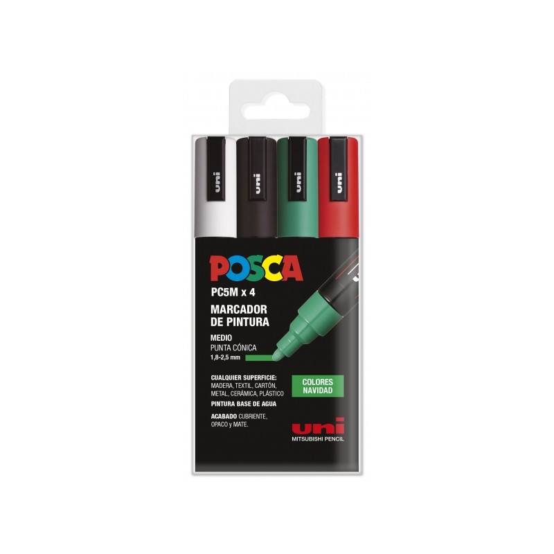 Posca PC-5M Confezione da 4 pennarelli - Punta 1.8-2.5 mm - Inchiostro a base d'acqua - Resistente alla luce - Colori as