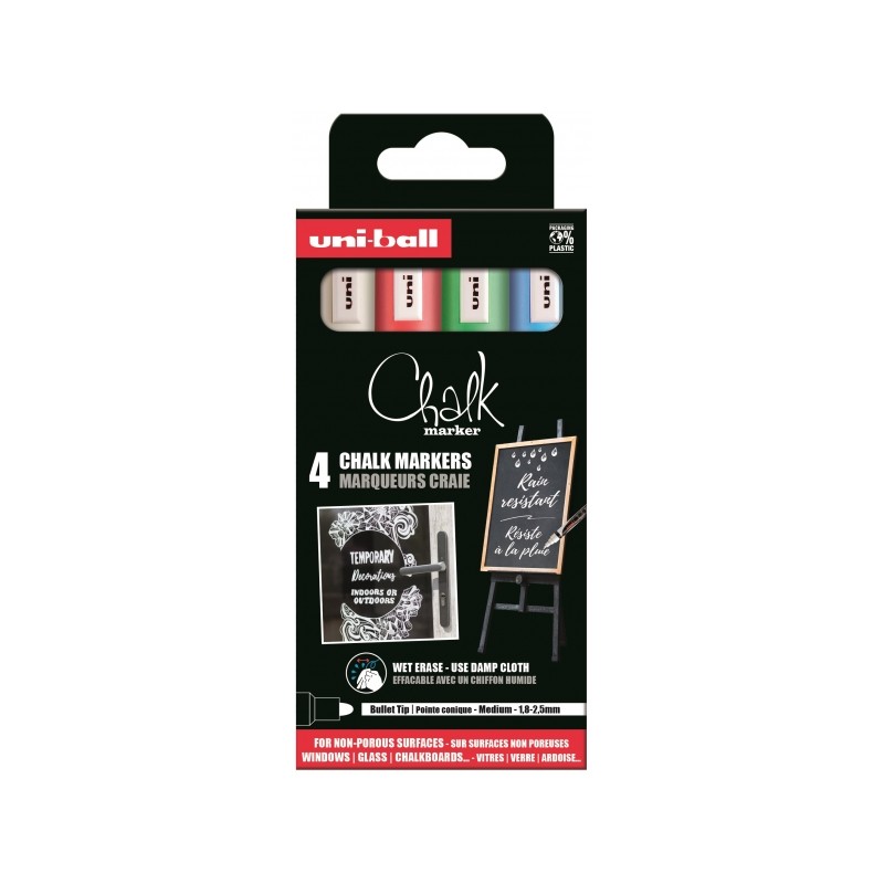 Uni-ball Chalk PWE-5M Confezione da 4 pennarelli a gesso liquido - Punta affusolata 1.8-2.5 mm - Cancellazione a umido -