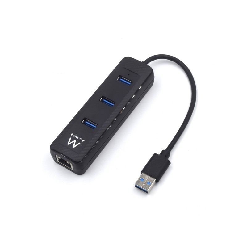 Ewent EW1140 Hub a 3 porte USB3.2 - Porta di rete Gigabit - Nero