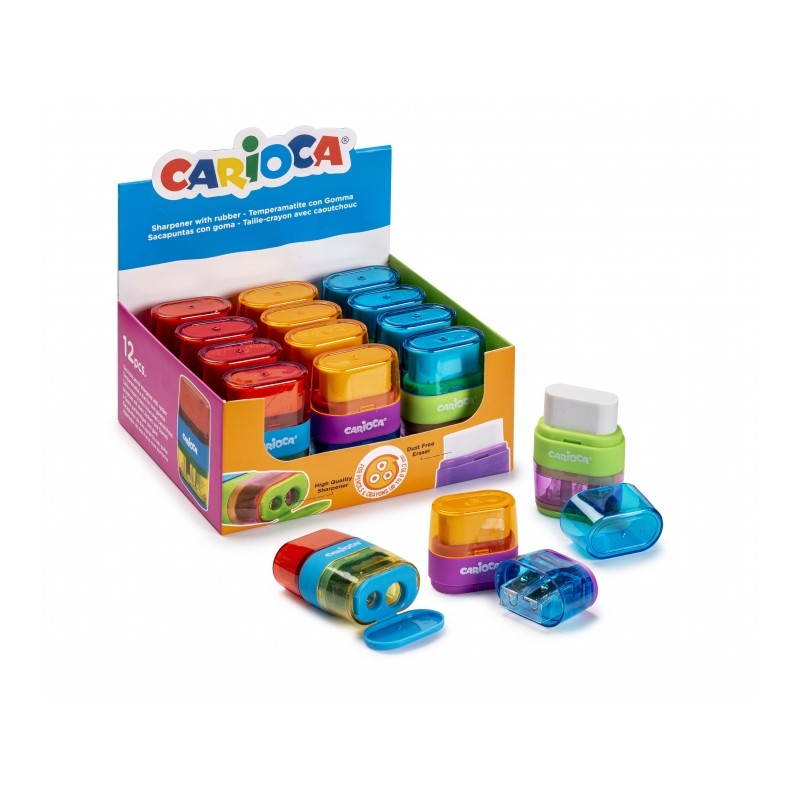 Carioca Temperamatite Display da 12 temperamatite con gomma - Doppio foro - Adatto per matite e pastelli - Vite di sicur
