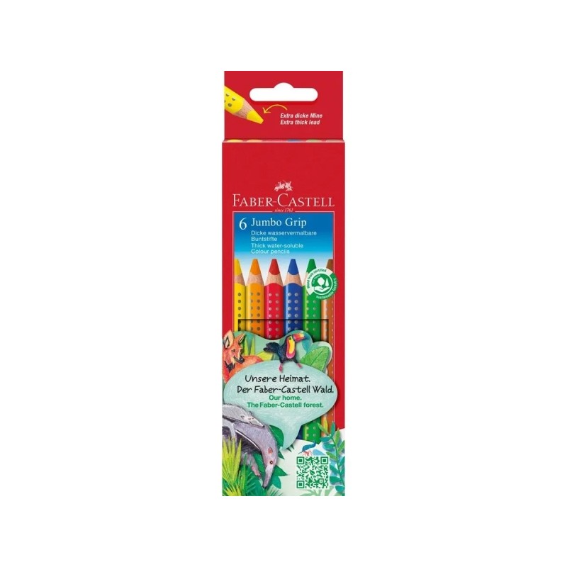 Faber-Castell Jumbo Grip Confezione da 6 matite colorate triangolari con impugnatura - mina jumbo extra spessa - acquere