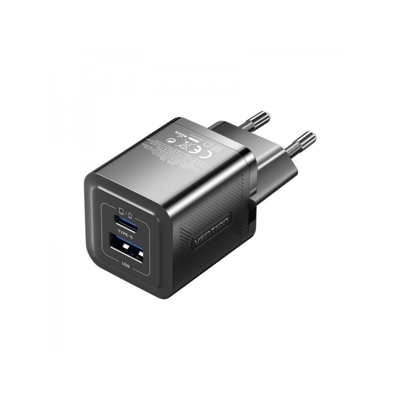 Vention Caricatore da parete GaN 2 porte USB (C+A) (30W/30W) - Ricarica rapida UE - Colore nero