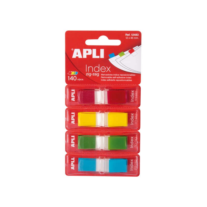 Apli Pellicola adesiva per indici a zig-zag 45x12 mm 4 dispenser di 35 indici in 4 colori - Facile da applicare - Adesiv