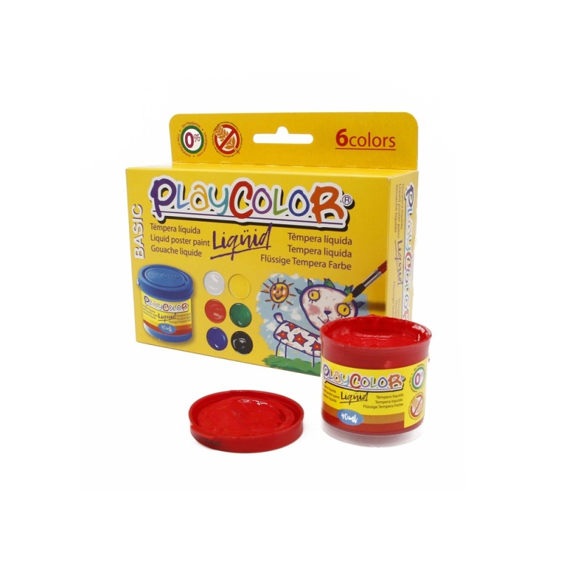 PlayColor Basic Liquid Confezione da 6 Tempera 40ml - Senza ondulazioni della carta - Alta viscosità - Alta opacità - 