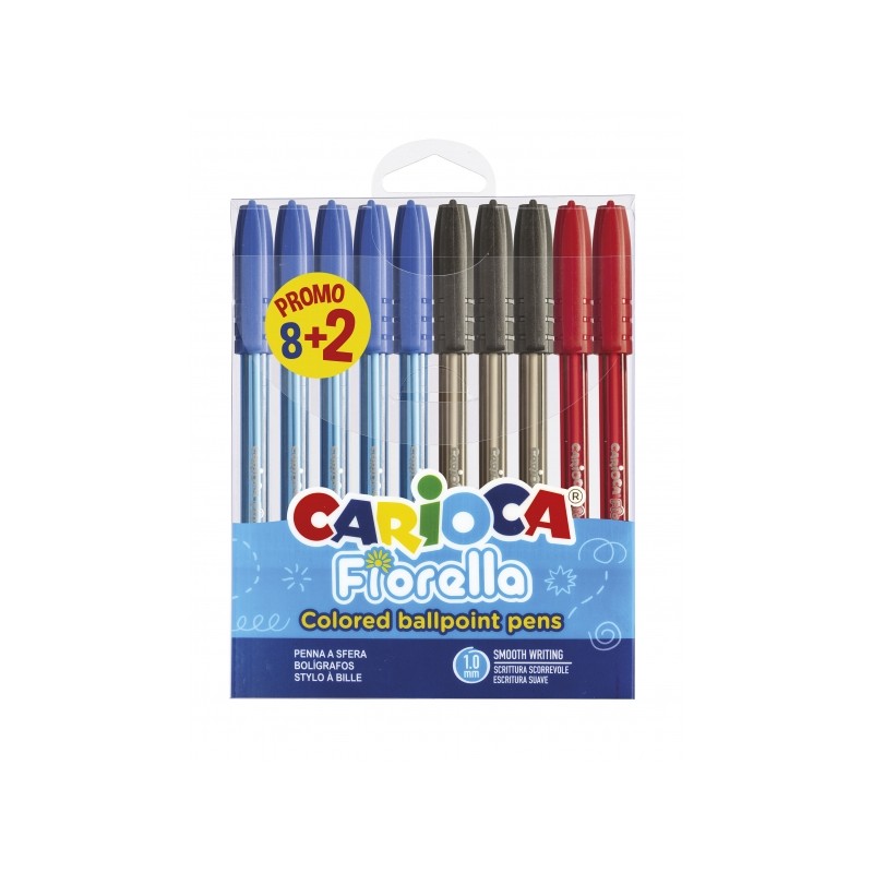 Carioca Fiorella Confezione 8+2 penne a sfera Ø 1mm - Corpo trasparente - Scrittura brillante e colorata - Colori assor