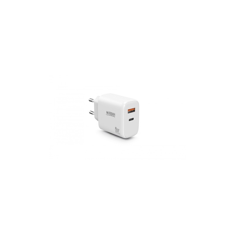 Urban Factory Powee 65W USB-C GaN Charger - 1 porta USB-C da 45W + 1 porta USB-A da 18W - Ricarica rapida - Bianco - Col