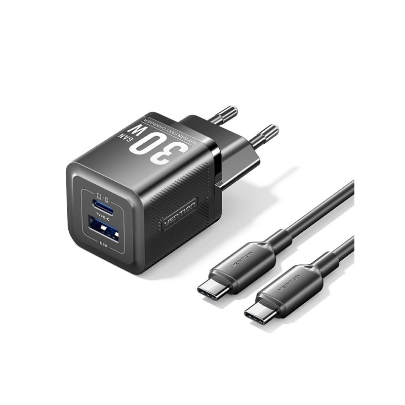 Vention Caricatore da parete GaN USB-C 30W - Cavo USB-C 1m - Nero