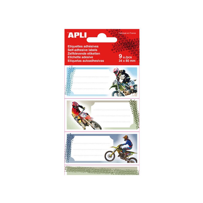 Adesivi scuola Apli Moto - Dimensioni 81x36 mm - 9 adesivi (3 per disegno) - Adesivo permanente di alta qualità - Color