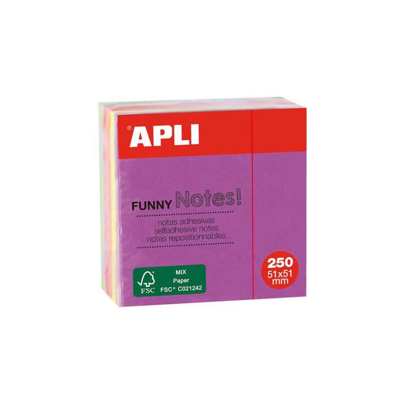 Apli Sticky Notes Funny 51x51mm Mini-Cube 250 Fogli - 5 Colori Assortiti Fluorescenti - Divertenti e Pratici