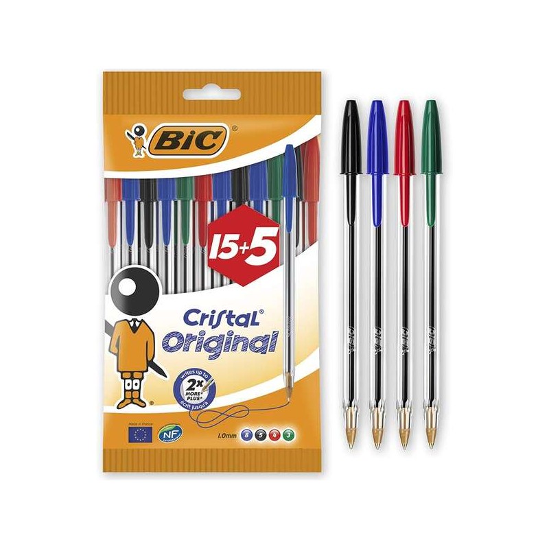 Bic Cristal Original 15+5 Confezione da 20 penne a sfera - Punta tonda da 1.0 mm - Tratto 0.4 mm - Inchiostro a base di 