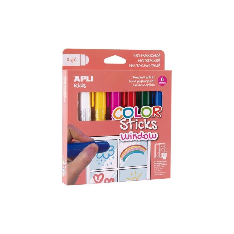 Apli Kids Colour Sticks Window Confezione 6 Tempere solide da 6 g - Speciali per disegnare e dipingere su vetro - Facili