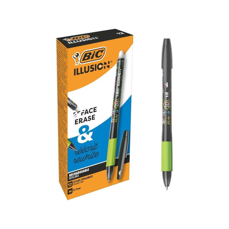Penna a sfera cancellabile Bic Illusions - Punta media 0.7 mm - Impugnatura in gomma - Nero - Ricaricabile