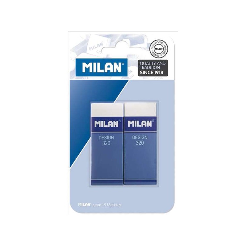 Milan Nata 320 Confezione da 2 Gomme rettangolari - Plastica - Banda di cartone blu - Tutte le superfici - Colore bianco