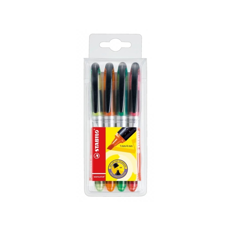 Stabilo Navigator Confezione da 4 marcatori fluorescenti - Zona di presa - Design sottile - Pratica clip per il trasport