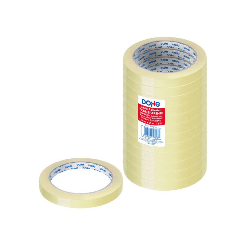 Dohe Confezione da 12 nastri adesivi in polipropilene 12mm x 66m- Adesivo forte e ad alta resistenza - Trasparente