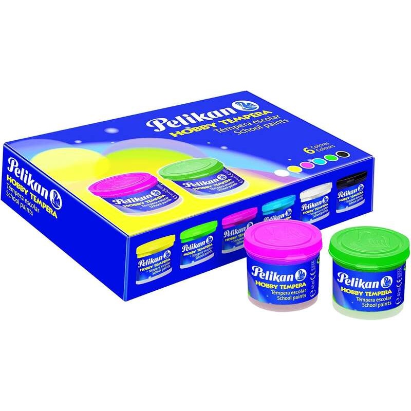 Pelikan Confezione da 6 barattoli di tempera 40ml + pennello - Consistenza pastosa - Resistente alla luce - Colori assor