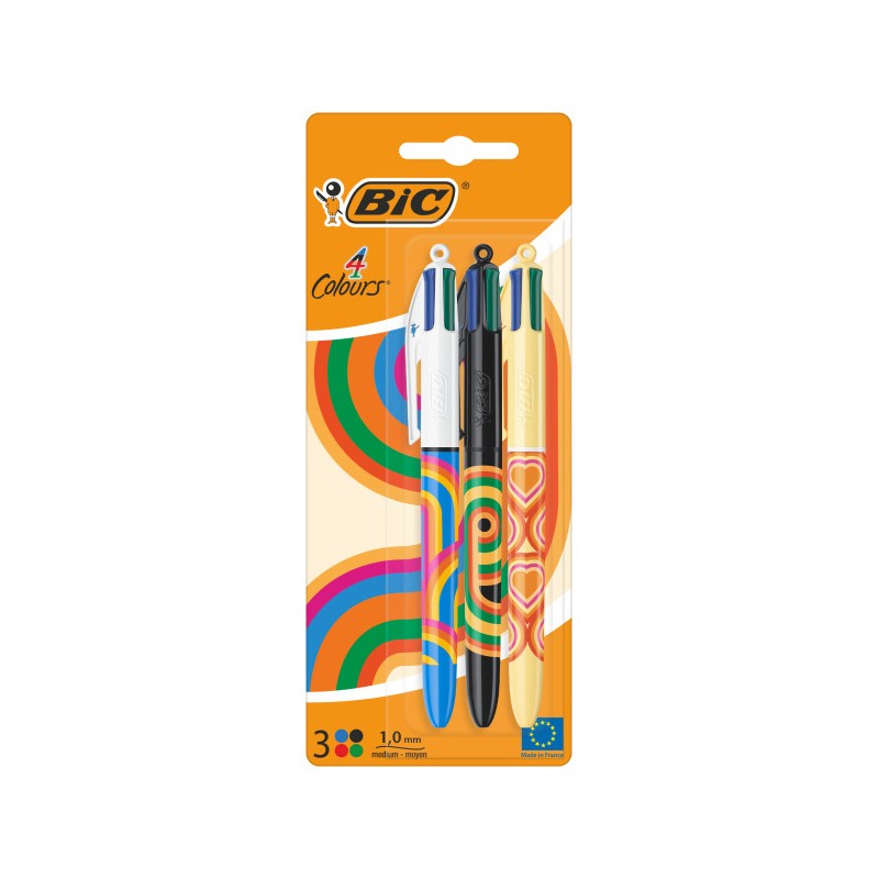 Bic 4 Colours Decors Confezione da 3 penne a sfera retraibili - Punta media 1.0 mm - Inchiostro a base di olio - 4 color