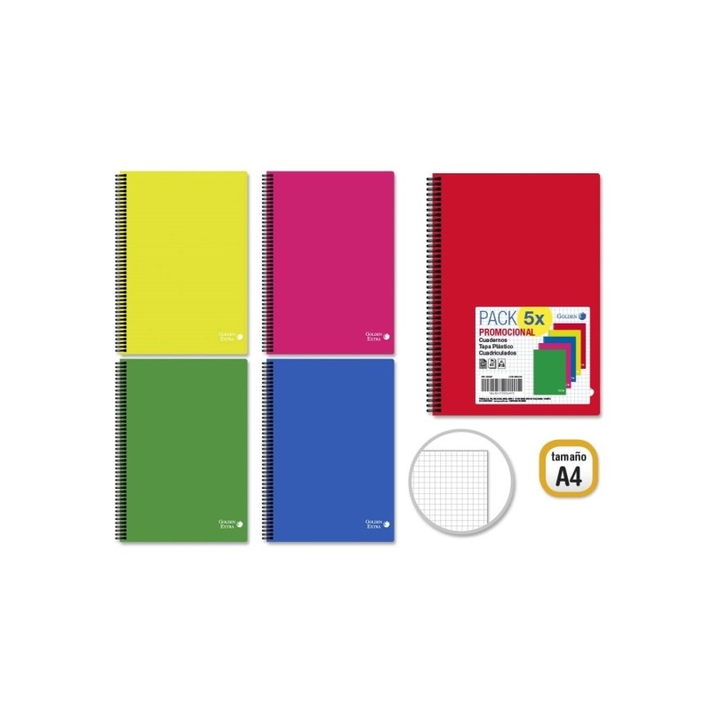 Golden Basic Confezione da 5 quaderni A4 80 fogli 90gr griglia 4x4 - Ideale per studenti - Copertina in polipropilene - 