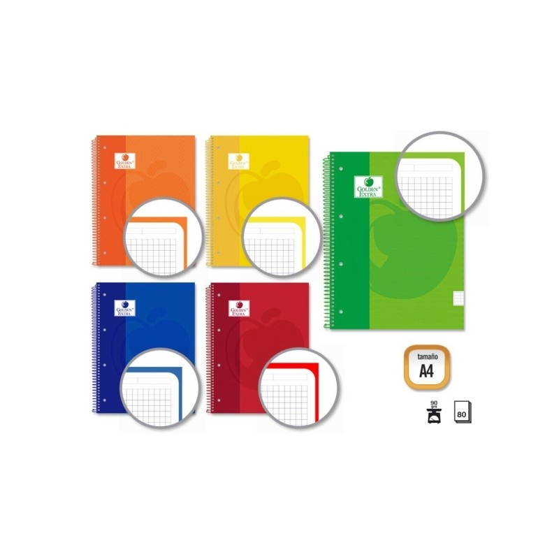 Golden Extra Spiral Notebook A4 80 fogli 90grs Griglia 5x5 - Fogli microperforati con striscia colorata - Copertina fode