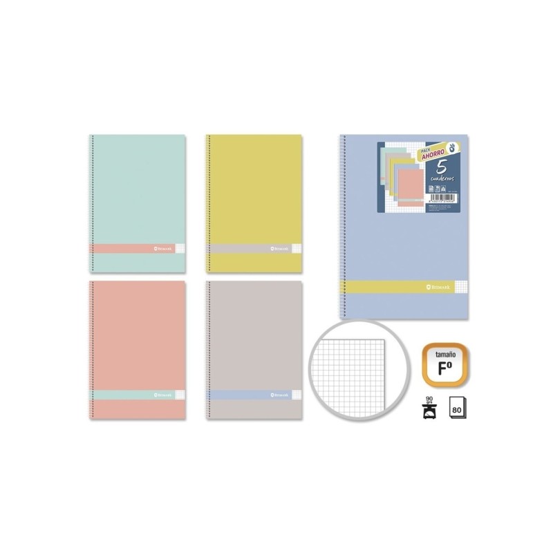 Golden Morandi Confezione da 5 quaderni a spirale Folio 80 fogli 90grs Griglia 4 x 4 - Copertina morbida con bordi arrot