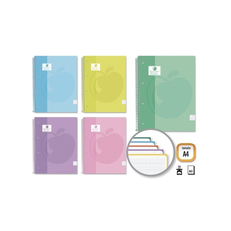 Golden Extra Spiral Notebook A4 80 fogli 90grs Griglia 5x5 - Fogli microperforati con banda colorata - Copertina foderat