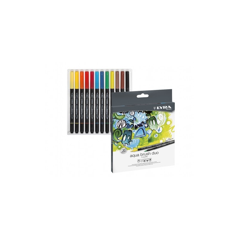 Lyra Aqua Brush Duo Confezione da 12 Pennarelli a Doppia Punta - Tratti da 2 e 4 mm - Inchiostro a base d'acqua - Colori