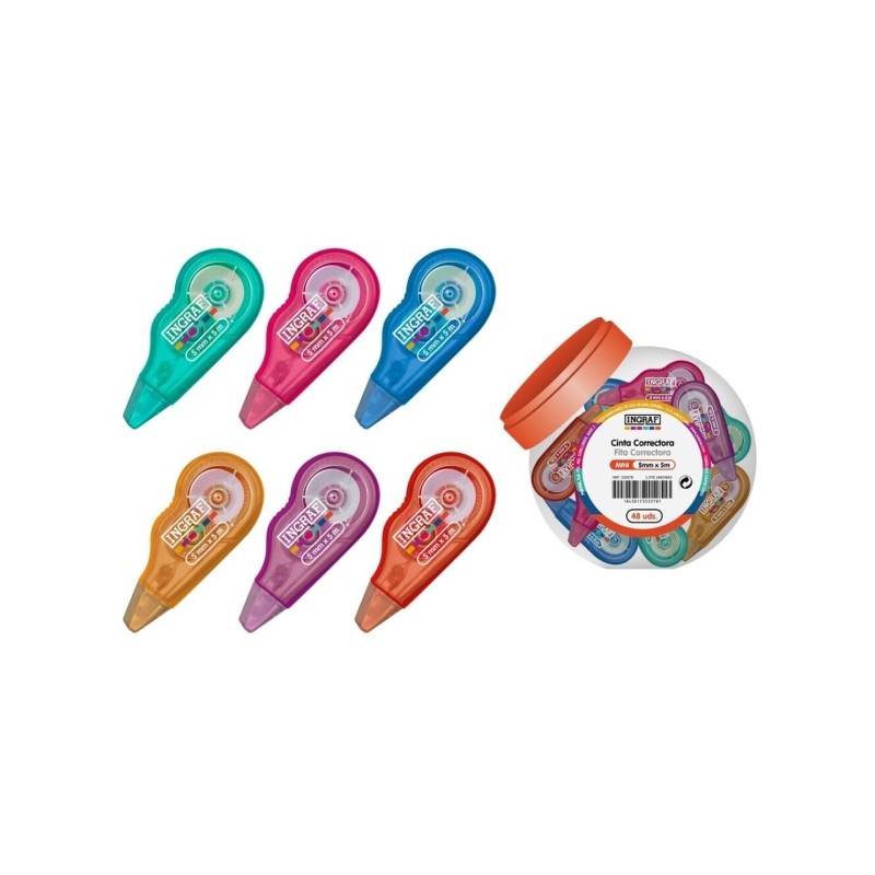 Ingraf Mini Mediterraneo Display con 48 mini nastri correttori 5mmx5m - Perfetta adesione alla carta - Colori assortiti 
