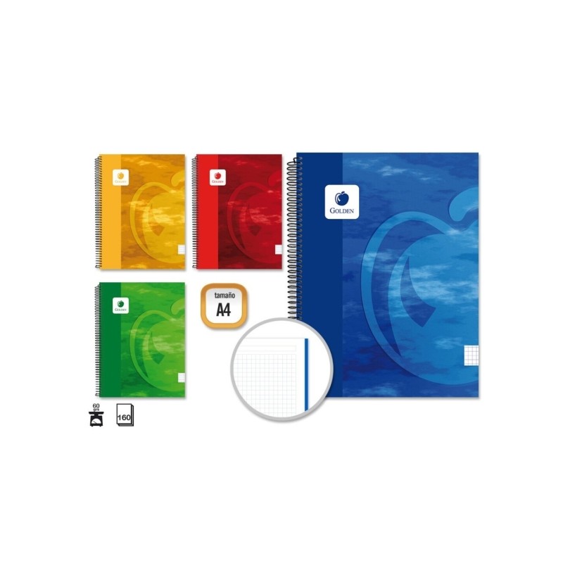 Quaderno a spirale Golden A4 160 fogli 60grs Griglia 5x5 - Fogli microperforati - Copertina rigida plastificata - Colori
