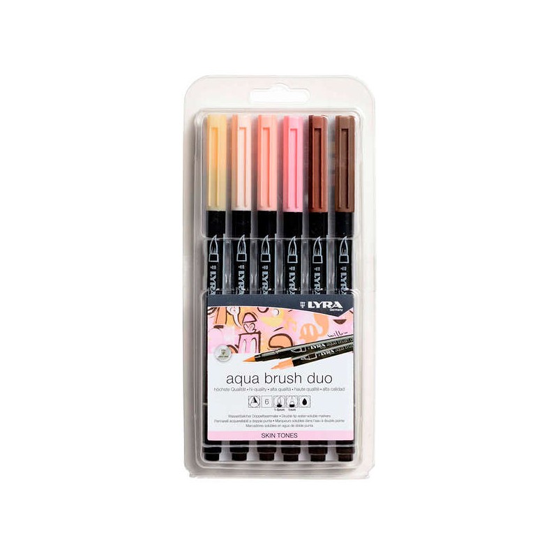 Lyra Aqua Brush Duo Pack 6 pennarelli a doppia punta - Tratti 1-5 e 1 mm - Inchiostro a base d'acqua - Colori tonalità 