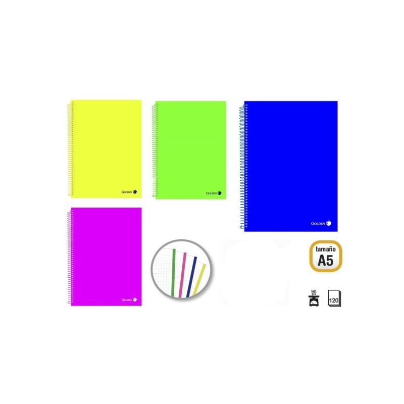Golden Confezione da 8 quaderni A5 120 fogli 90gr Griglia 5x5 - Fogli microperforati con striscia colorata e 2 fori - Co