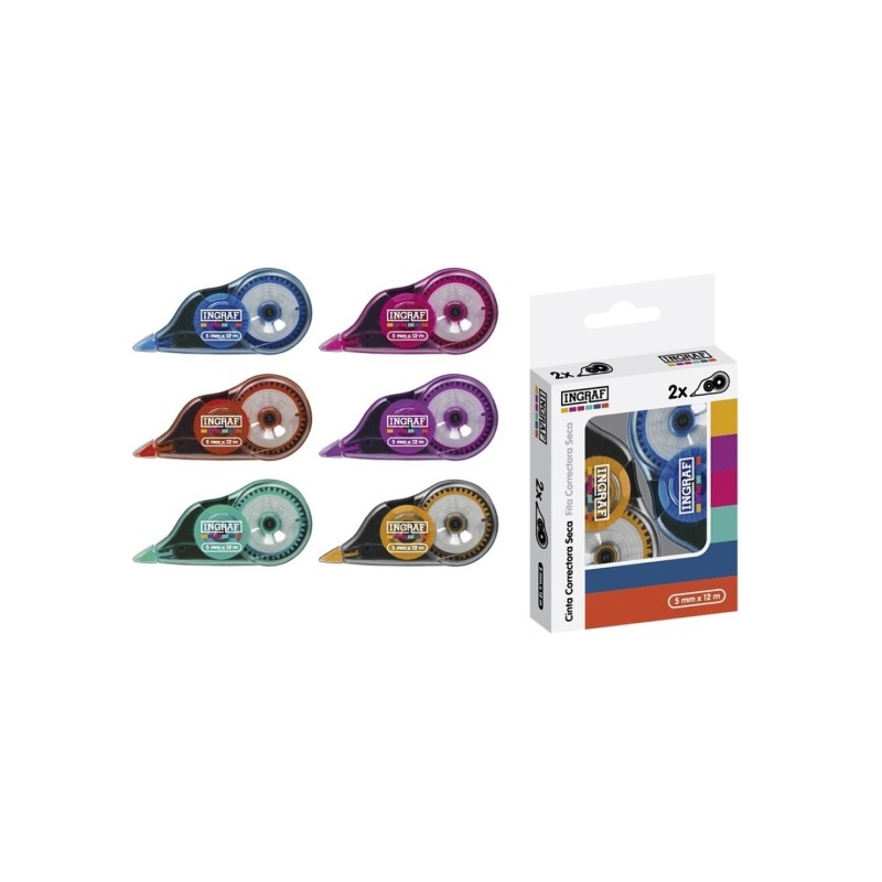 Ingraf Mediterraneo Confezione da 2 nastri di correzione 5mmx12m - Perfetta adesione alla carta - Colori assortiti