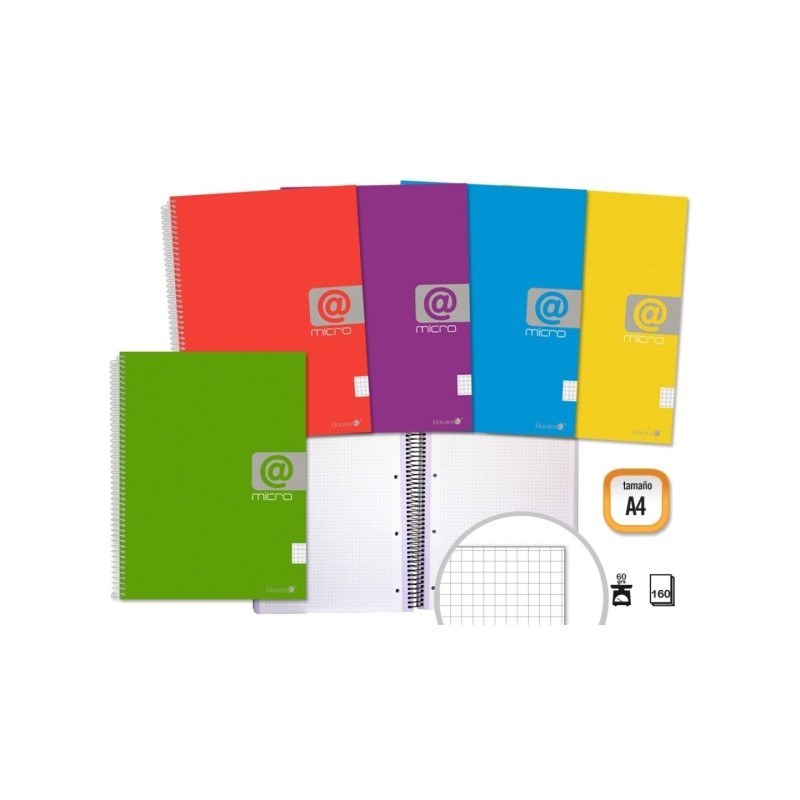 Quaderno a spirale A4 160 fogli 60grs Griglia 5x5 - Fogli microperforati con 4 fori e 4 strisce colorate - Copertina rig