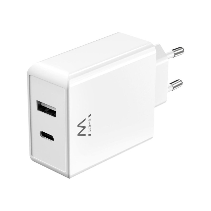Ewent EW1328 Caricatore da parete universale GaN 45W ultra veloce - 1x USB-C PD e PPS. 1x USB-A QC - Colore bianco