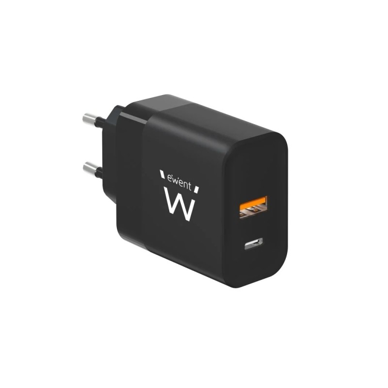 Ewent EW1327 Caricabatterie da parete universale GaN 45W Ultra Fast - 1x USB-C PD 3.0 e PPS. 1x USB-A QC 2.0 - Colore ne