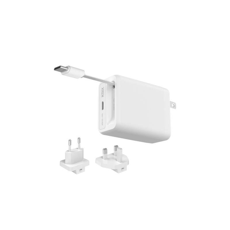 Caricabatterie da parete Ksix 45W - GaN - PPS - Cavo retrattile 70 cm - Testine USA. UK e UE - Colore bianco