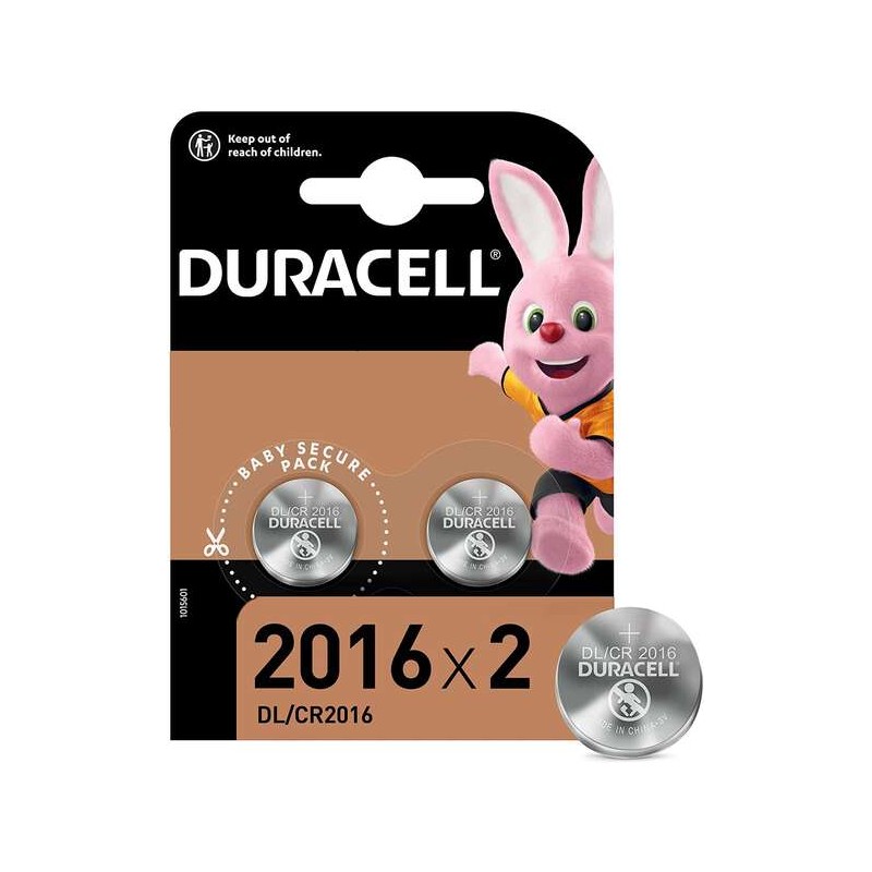 Confezione da 2 batterie a bottone al litio Duracell DL2016 3V - Tecnologia Baby Secure