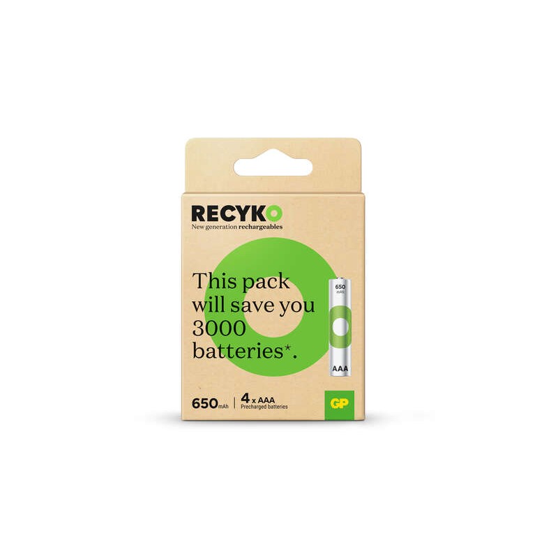 GP ReCyko Confezione da 4 batterie ricaricabili 650mAh AAA 1.2V - Precaricate - Realizzate con oltre il 10% di materiali