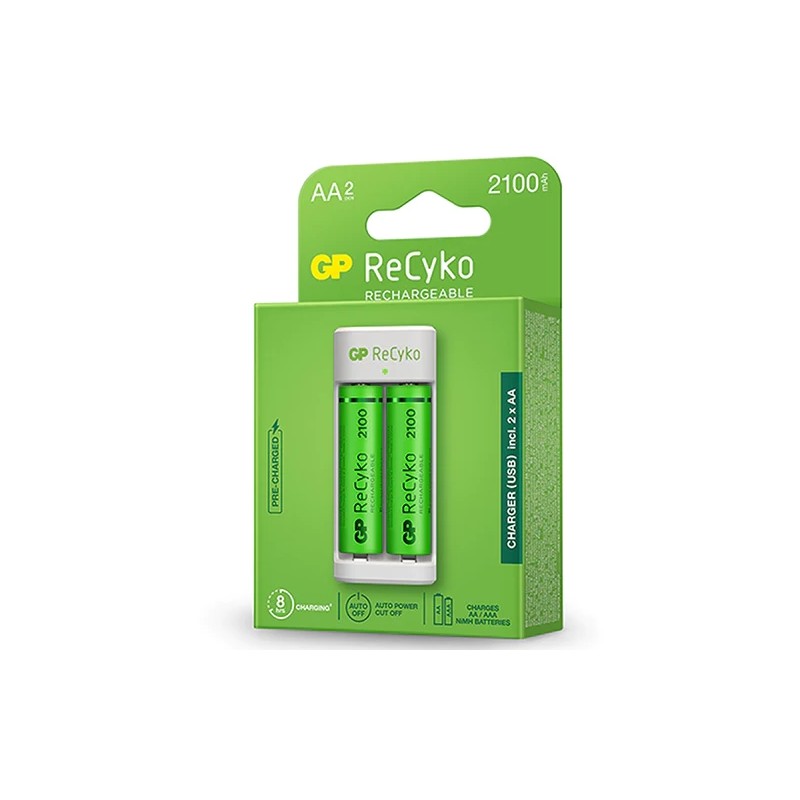 Pacchetto caricabatterie USB GP ReCyko + 2 batterie ricaricabili AA da 2100 mAh