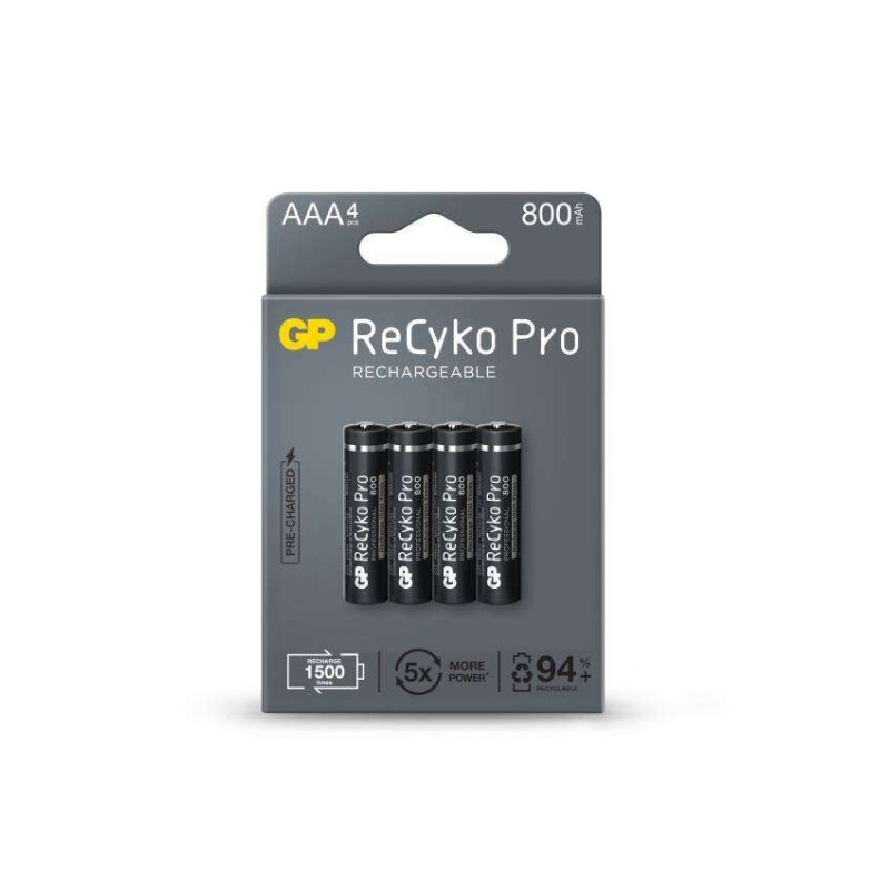 GP ReCyko Pro Confezione da 4 batterie ricaricabili 800 mAh AAA 1.2 V - Precaricate - Ciclo di vita: fino a 1.500 volte