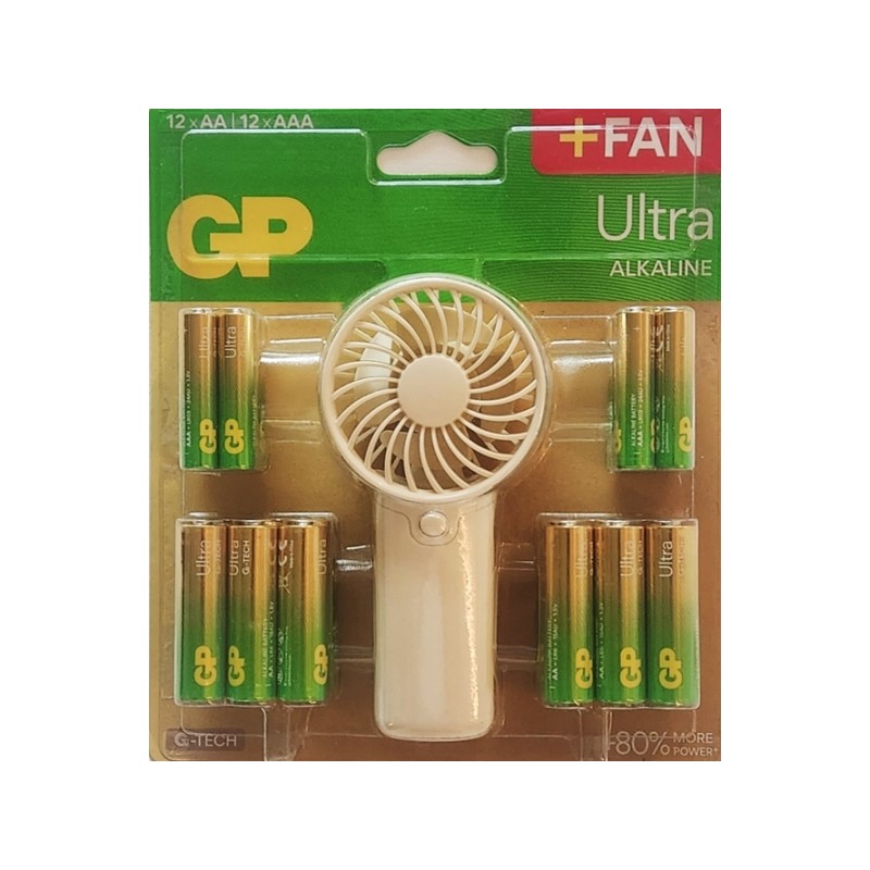 GP Ultra Alkaline Confezione da 12 batterie AAA + 12 batterie AA + ventilatore portatile in omaggio