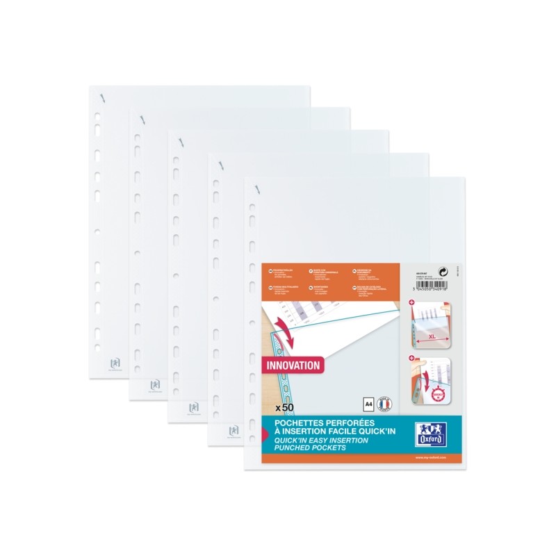 Oxford Quick'In A4 Confezione da 50 maniche in polipropilene multiforo Polipropilene standard di vetro 50 micron - 11 fo