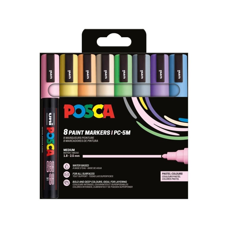 Posca PC-5M/8C Confezione da 8 pennarelli - Bullet Point 1.8-2.5 mm - Inchiostro a base d'acqua - Resistente alla luce -