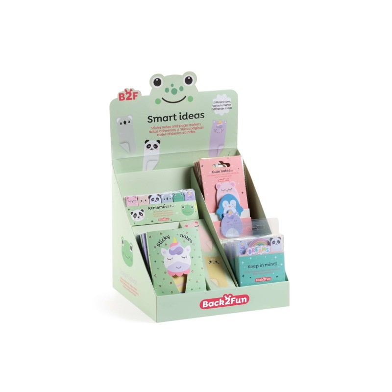 Display multiprodotto Miquel Rius Back2Fun con 24 note adesive assortite. blocchi per appunti. segnapagina adesivi. mini