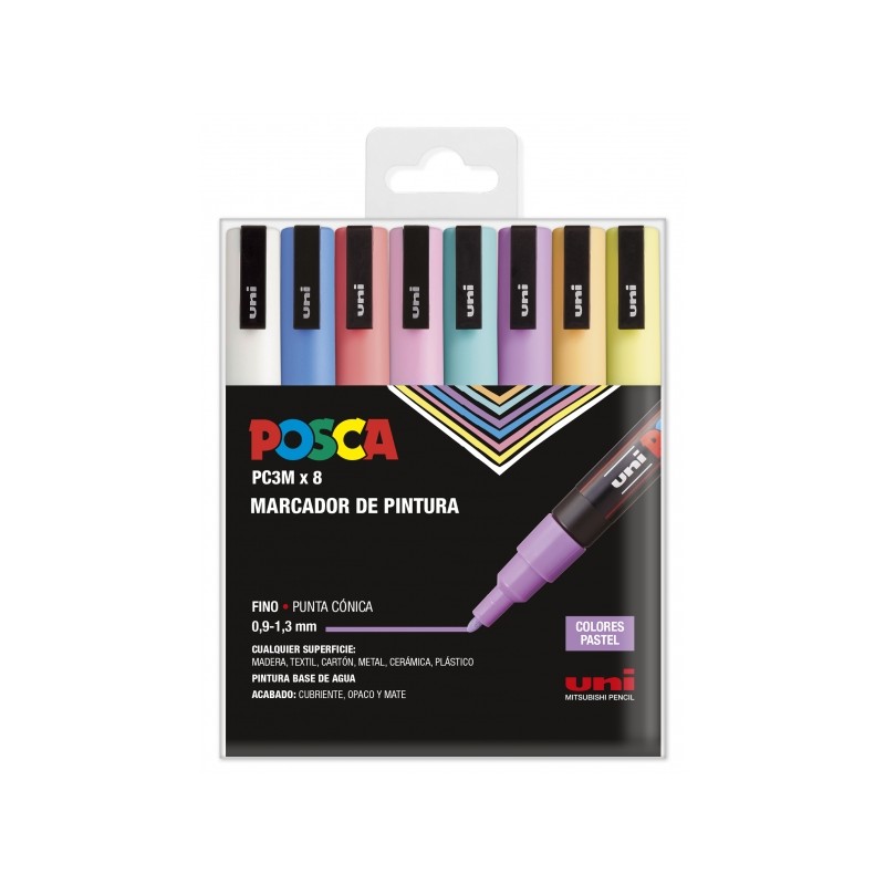Posca PC3M Confezione da 8 pennarelli - Punta conica 0.9-1.3 mm - Inchiostro a base d'acqua - Resistente alla luce - Ide
